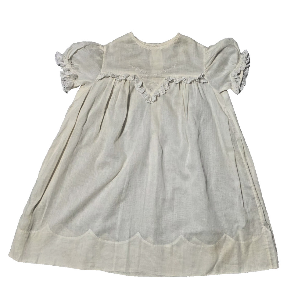 Vintage Hand Embroidered Baby Dress White Cotton Lace Scalloped Hem Christening